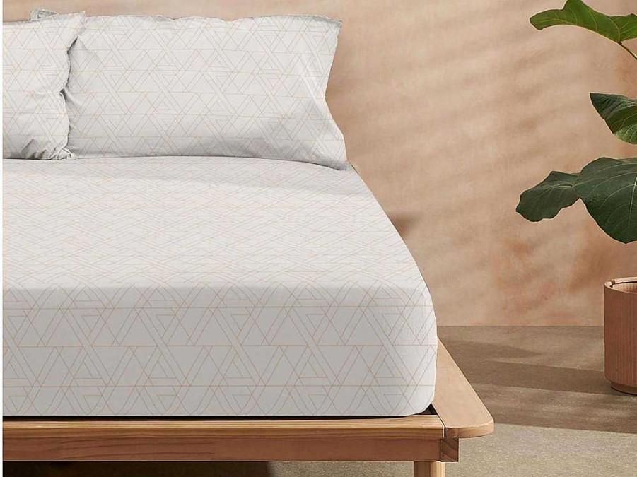 Roupa De Cama | Purline Drap Housse 100% Coton 1 Piece Beige A Triangles 160X200