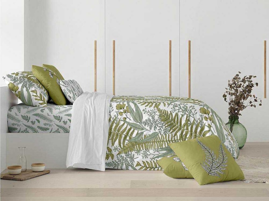 Roupa De Cama | Purline Housse De Couette 100% Coton 1 Piece Blanc A Plantes Vertes 260X240