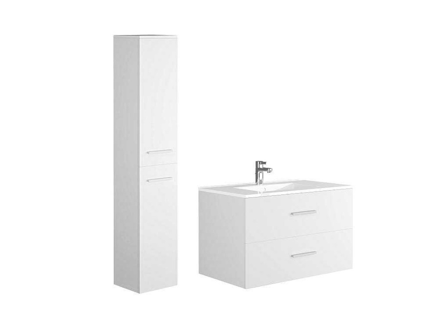 Movel Lavatorio Individual | Vente-unique Movel De Casa De Banho Suspenso Lavatorio Individual Com Coluna De Arrumacao Branco 80 Cm - Kayla