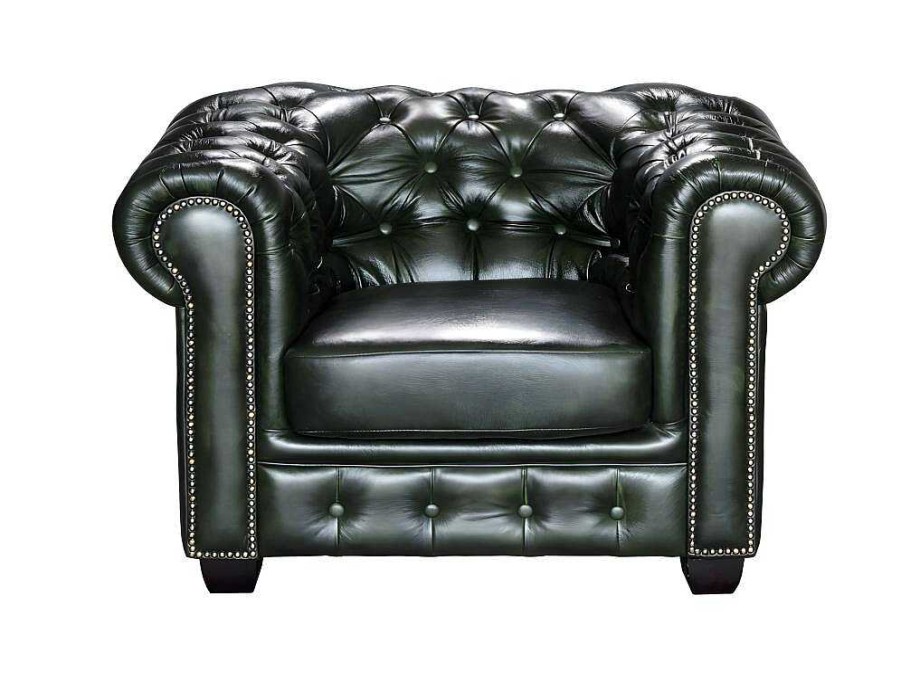 Poltrona Em Pele | LINEA SOFA Cadeirao 100% Pele De Bufalo Verde Imperial Estilo Chesterfield - Brenton