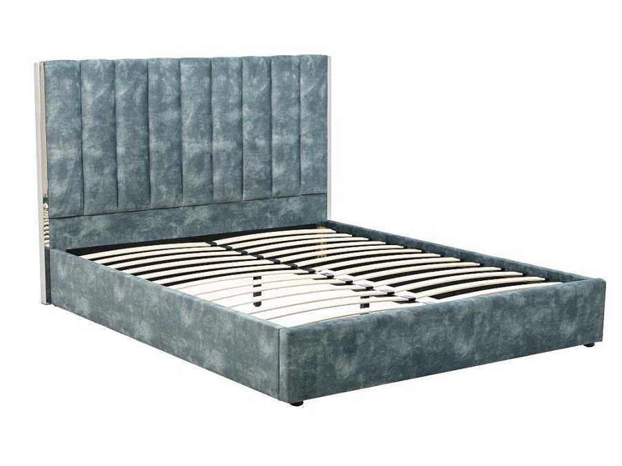 Cama Em Veludo | Vente-unique Cama 140 X 190 Cm Com Cabeceira De Cama Costuras Verticais Veludo Azul-Esverdeado - Feroya