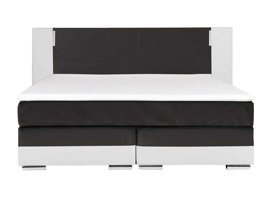 Cama Boxspring, Cama Continental | Ysmée Conjunto Boxspring Completo Cabeceira Com Leds + Sommiers + Colchao + Sobrecolchao Asti De Ysmee - 180 X 200 Cm - Pele Sintetica - Branco E Cinza