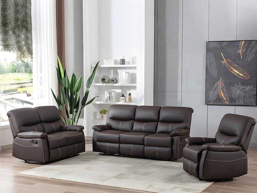 Sofa De Relaxamento Manual | Vente-unique Sofa De 3 Lugares Articulado Em Pele Sintetica Castanha - Canby