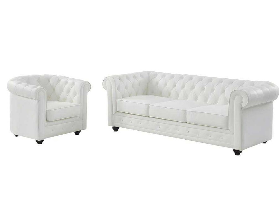 Conjunto Sofa E Poltrona | Vente-unique Sofa De 3 Lugares E Poltrona Em Pele De Bufalo - Branco - Chesterfield