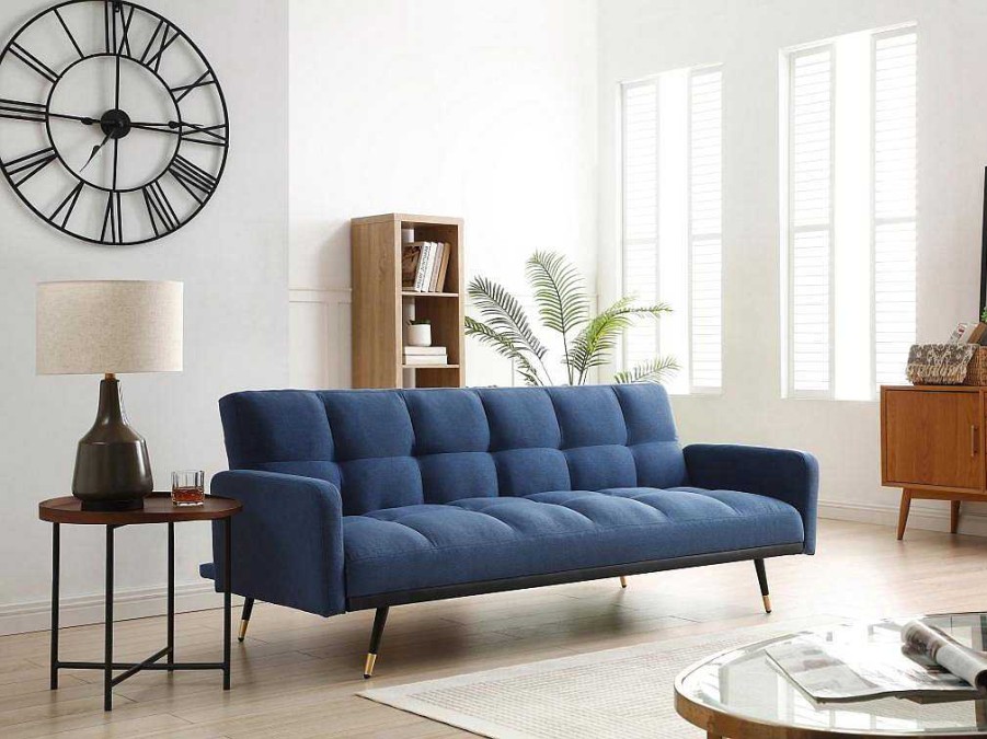 Sofa Cama Clic-Clac E Dobravel | Vente-unique Sofa De 3 Lugares Convertivel Em Tecido Azul - Rorema