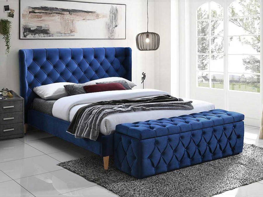 Cama Em Veludo | Vente-unique Cama 140 X 190 Cm Com Cabeceira De Cama Acolchoada Veludo Azul Real - Enodi