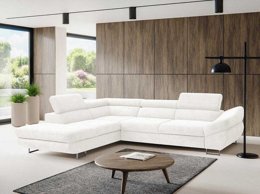 Sofa | Vente-unique Sofa De Canto Esquerdo Convertivel Em Tecido Texturizado Branco - Dalias