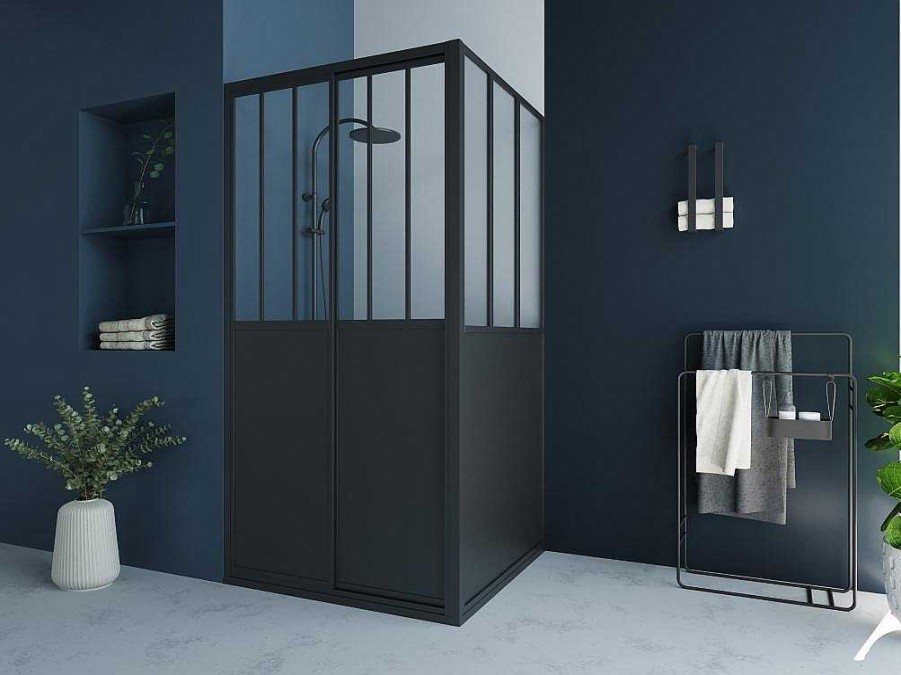 Painel De Duche | Shower & Design Painel De Duche Com Porta De Correr Preto Mate Estilo Industrial 100 X 80 X 195 Cm - Urbanik