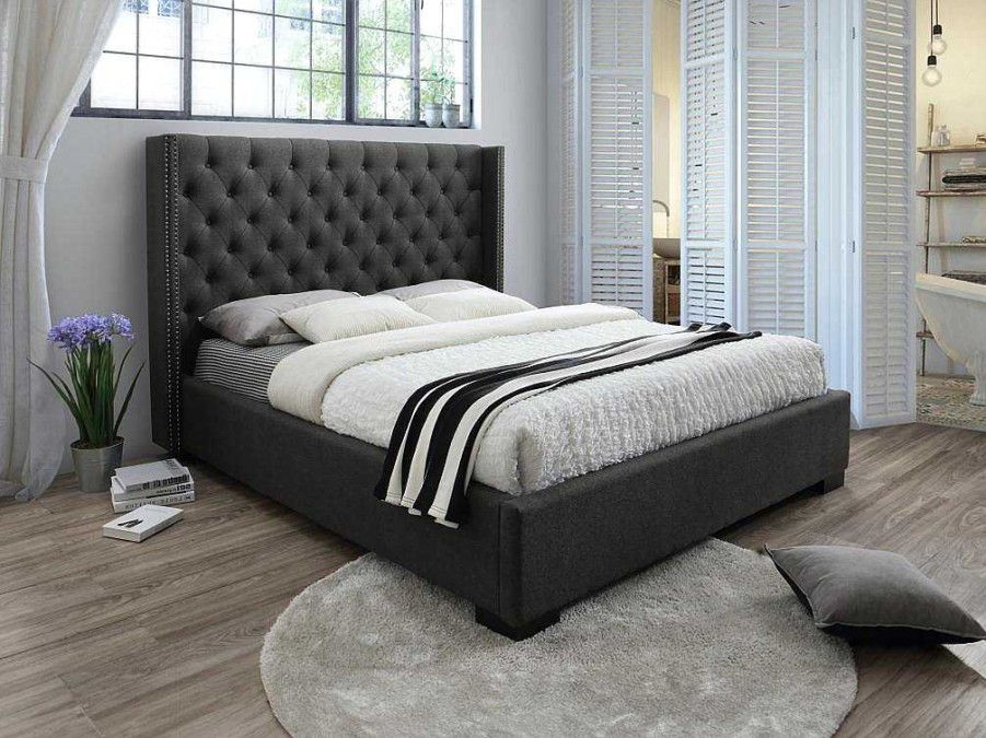 Cama De Adulto | Vente-unique Cama Massimo Cabeceira De Cama Acolchoada - 180X200Cm - Tecido Cinza