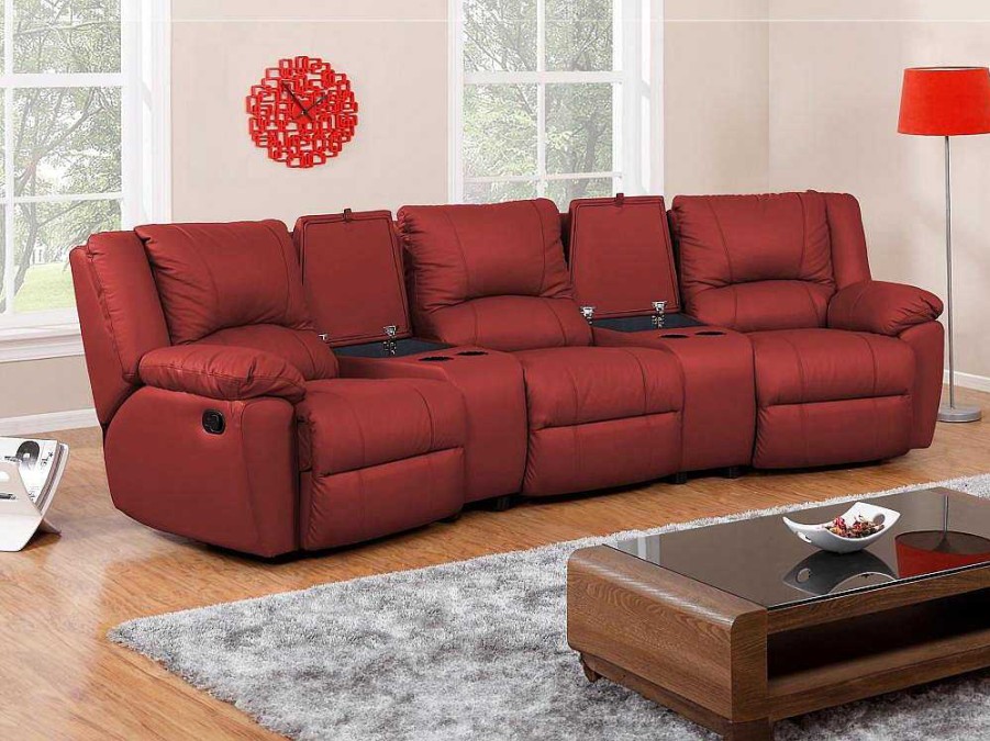 Sofa De Relaxamento Manual | Vente-unique Sofa De 3 Lugares Relax Em Pele Vermelho - Aroma