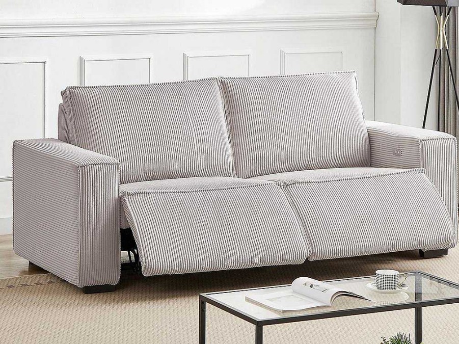 Sofa De Relaxamento Eletrico | Vente-unique Sofa De 3 Lugares Articulado Eletrico Veludo Canelado Cinzento-Claro - Amelio