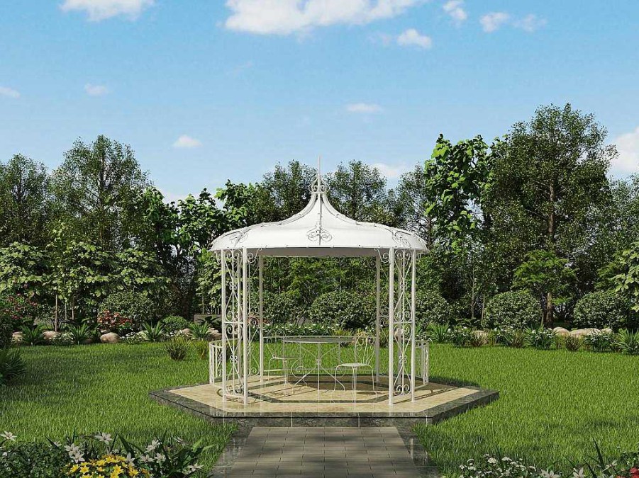 Pergola, Coreto, Quiosque | EXPERTLAND Gazebo De Jardim Em Metal Estilo Ferro Forjado D300 X A290 Cm Branco - Tilcara