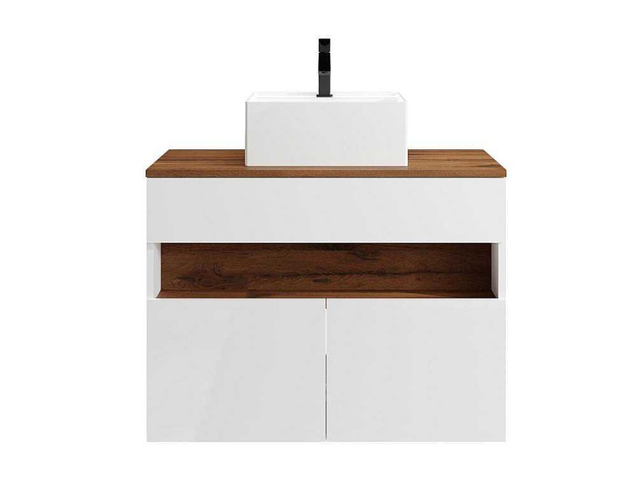 Movel Lavatorio Individual | Vente-unique Movel De Casa De Banho Suspenso Com Leds E Lavatorio De Pousar, Branco E Natural Escuro C80 Cm - Pozega