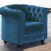 Poltrona Em Veludo | Vente-unique Cadeirao Chesterfield - Veludo Azul Esverdeado