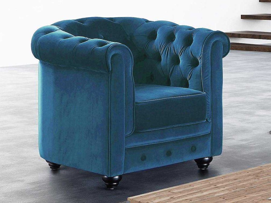 Poltrona Em Veludo | Vente-unique Cadeirao Chesterfield - Veludo Azul Esverdeado