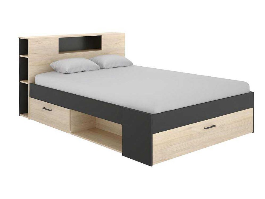 Cama De Adulto | Vente-unique Cama Com Cabeceira De Arrumacao E Gavetas Disponivel Em Natural E Antracite - 140X190Cm - Leandre