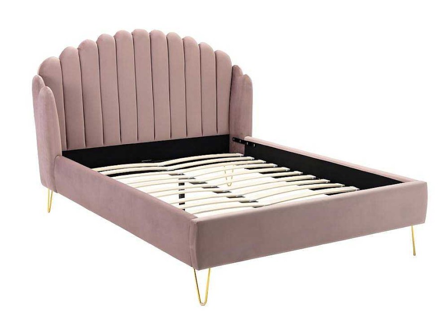 Cama Em Veludo | Vente-unique Cama Com Cabeceira De Cama Ondulada De 140 X 190 Cm Em Veludo Cor-De-Rosa Velho - Sagali