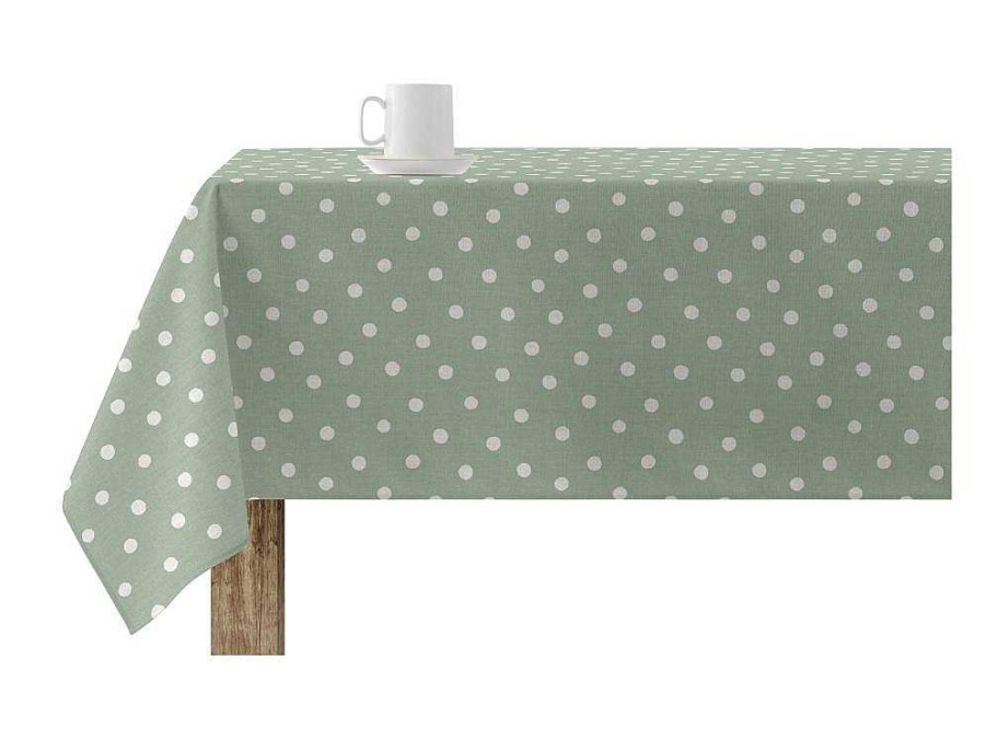 Texteis De Mesa | Purline Nappe Anti-Taches 100% Coton 1 Piece Vert A Pois Blancs 300X140