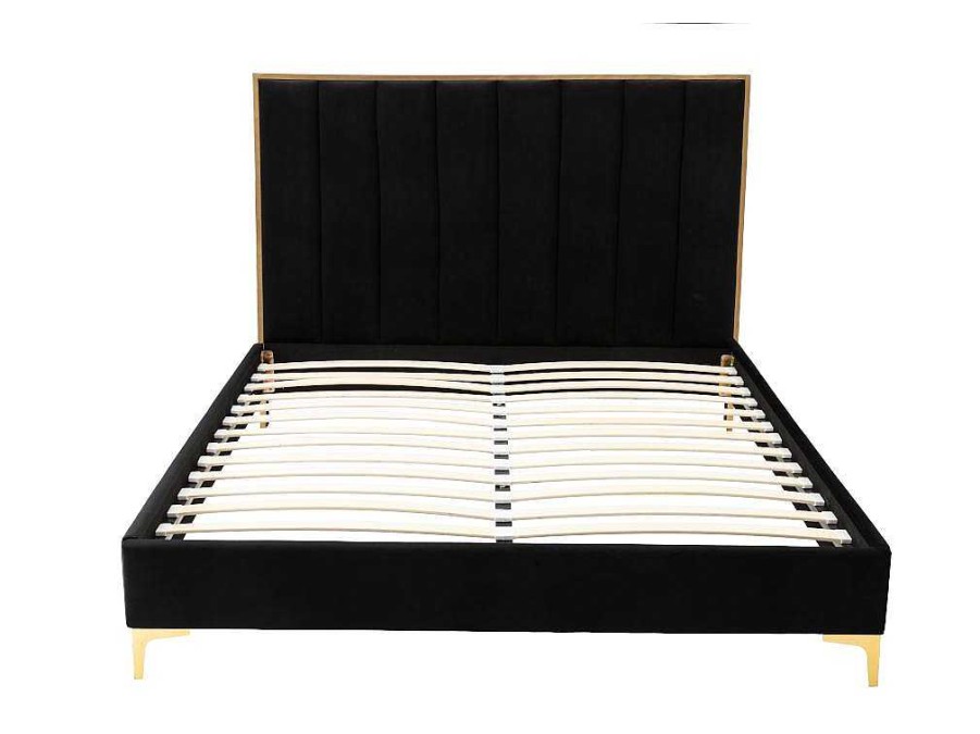 Cama Em Veludo | Vente-unique Cama Com Cabeceira De Cama Com Costuras Verticais De 160 X 200 Cm Em Veludo Cor Preto E Dourado - Clarisse