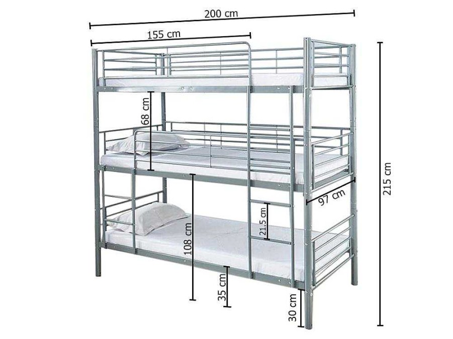 Cama De Adulto | Saldosystocks Beliche Triplo Com Estrutura Metalica Branca, 215X200X97Cm