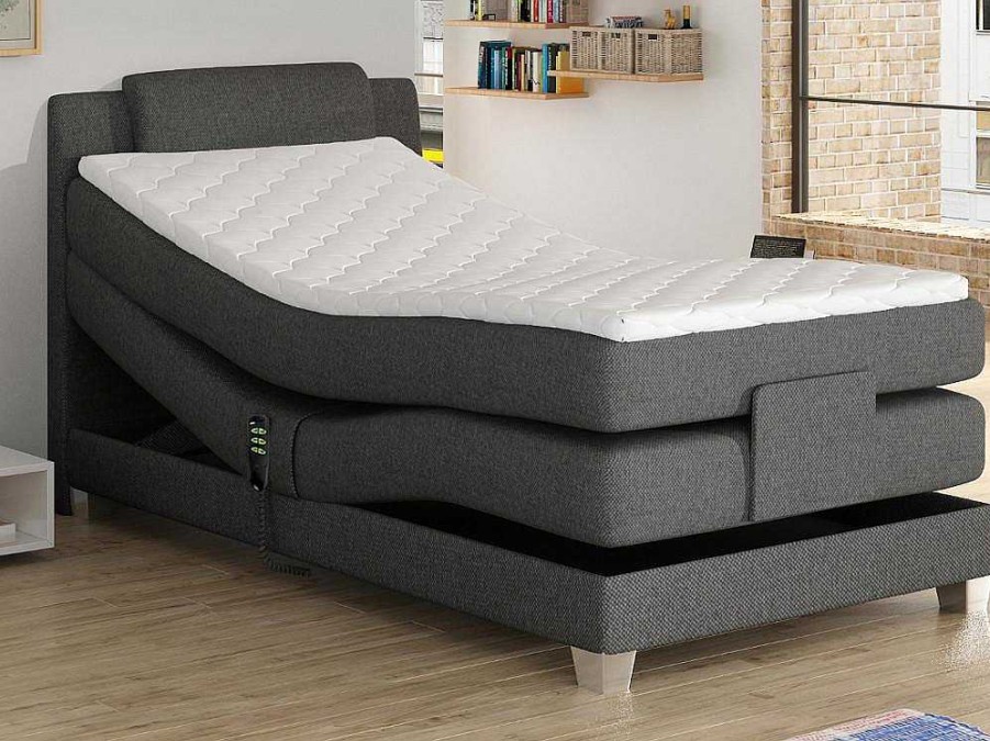 Cama Articulada | Palacio Conjunto Boxspring Cabeceira De Cama + Sommier De Relaxamento Eletrico + Colchao + Sobrecolchao Castel Da Palacio - 100X200 Cm -Tecido Cinzento Claro