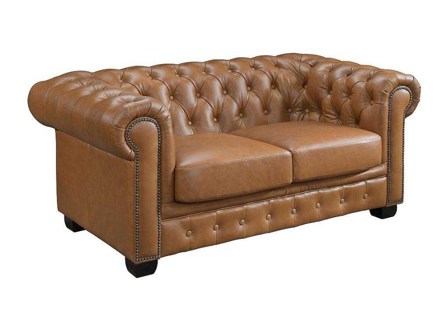 Sofa De 2 Lugares | LINEA SOFA Sofa Chesterfield 2 Lugares Brenton 100% Pele De Bufalo Superior Cor Caramelo Vintage