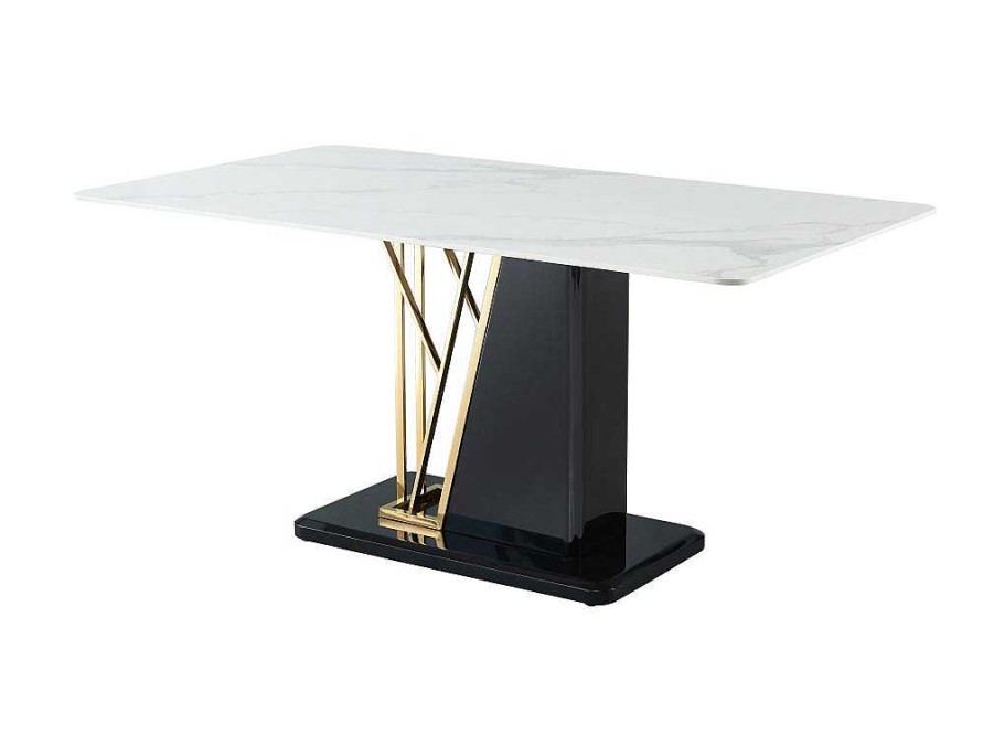 Mesa De Jantar | Vente-unique Mesa De Jantar 6 Lugares Em Ceramica E Mdf Efeito Marmore Branco, Dourado E Lacado A Preto - Ballarat