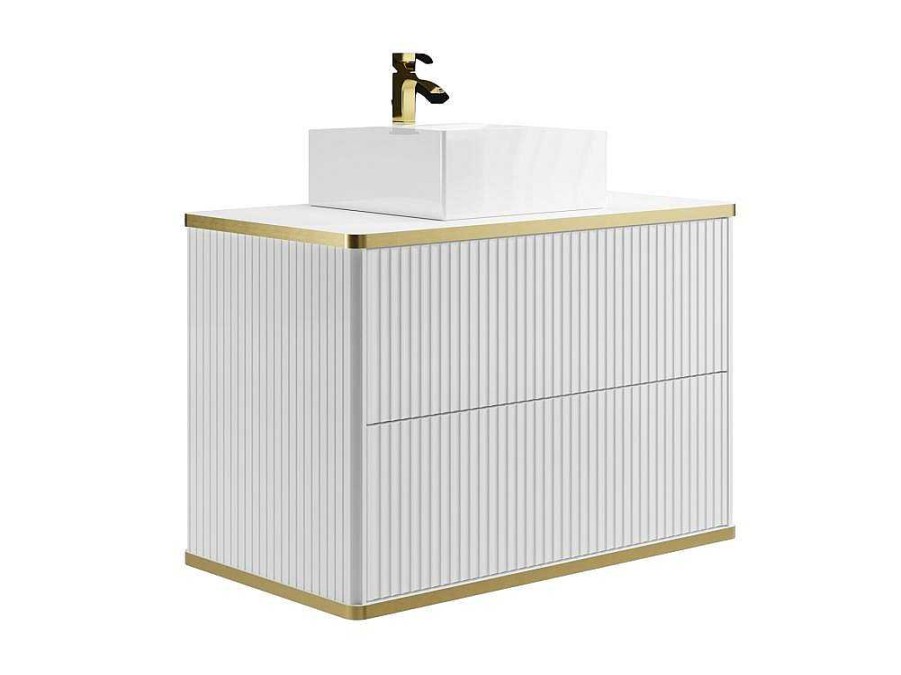 Movel Lavatorio Individual | Vente-unique Movel De Casa De Banho Suspenso Estriado Rebordo Dourado Com Lavatorio De Pousar Branco 80 Cm - Keliza