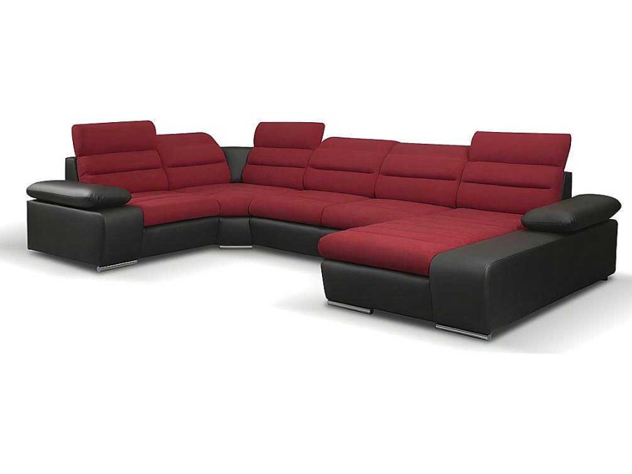 Sofa Panoramico | Vente-unique Sofa De Canto Panoramico Modular Em Tecido E Pele Sinteticabicolor Vermelho E Preto - Canto Direito - Boileau