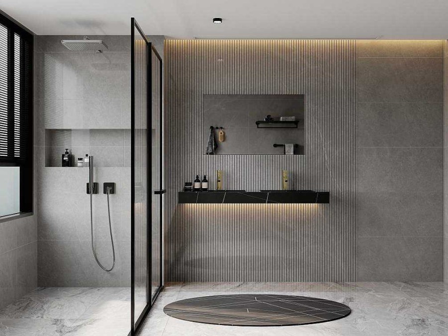 Lavatorio | Shower & Design Lavatorio Duplo Suspenso Em Solid Surface Efeito Marmore Preto C120,2Xl45,2Xa8 Cm - Takotna