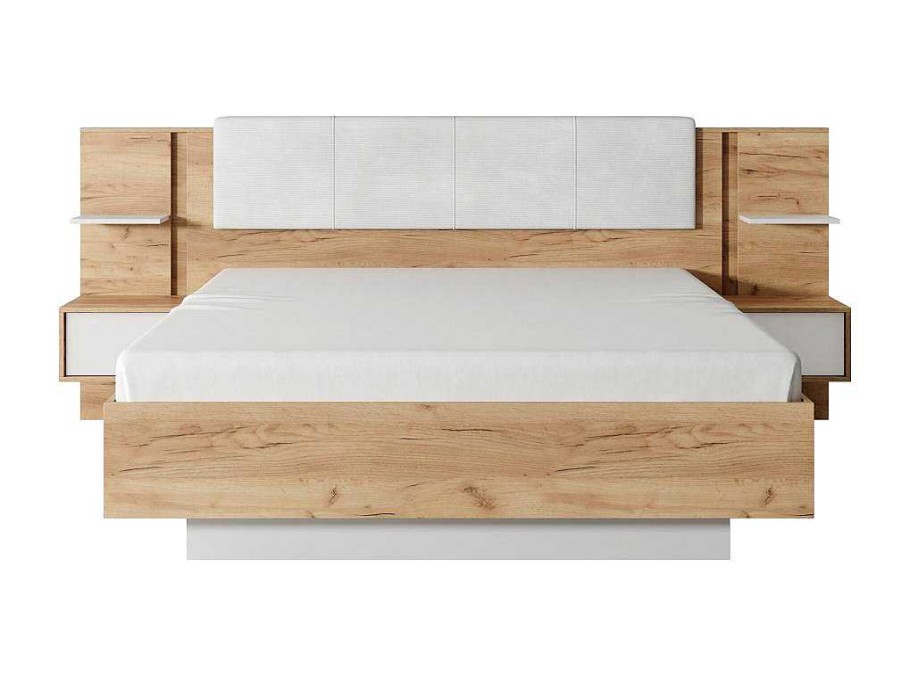 Cama Com Arrumacao | Vente-unique Cama Com Mesas De Cabeceira 160X200 Cm, Com Leds, Cor Natural E Branco - Elynia