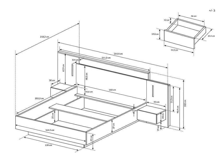 Cama De Adulto | Vente-unique Cama Com Mesas De Cabeceira De 160 X 200 Cm Com 2 Gavetas E Com Leds Cor Branco E Carvalho - Francoli