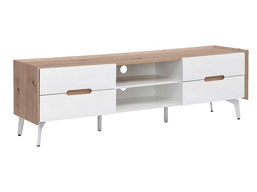 Movel De Tv | Vente-unique Movel De 4 Gavetas E 2 Nichos Em Mdf E Metal Lacado A Branco E Natural - Cayana