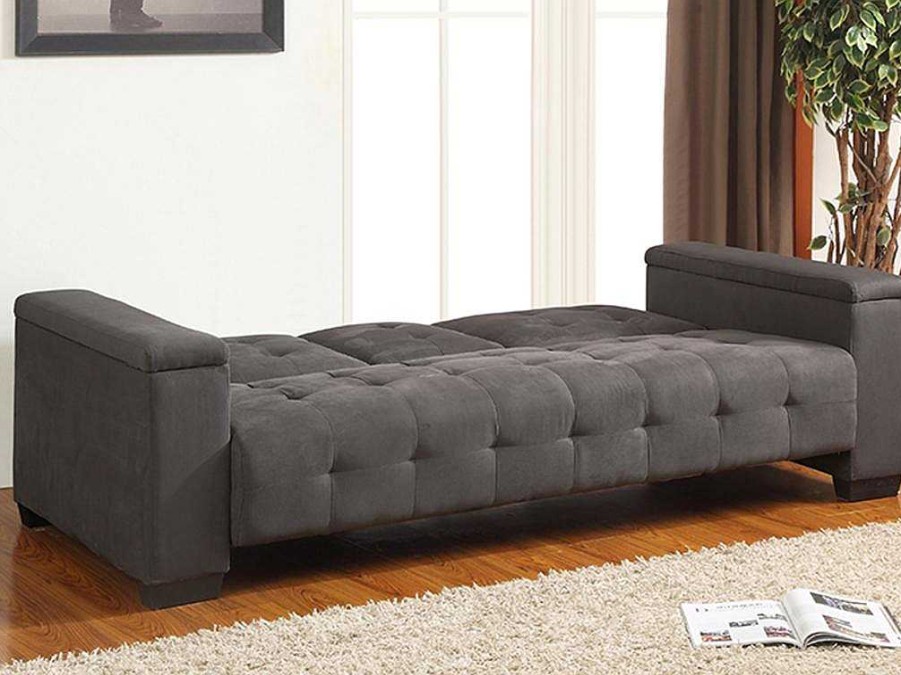 Sofa Cama Clic-Clac E Dobravel | Vente-unique Sofa Cama Clic Clac De 3 Lugares Em Microfibra Com Mesinha De Centro Rebativel Cinzento - Devonshire