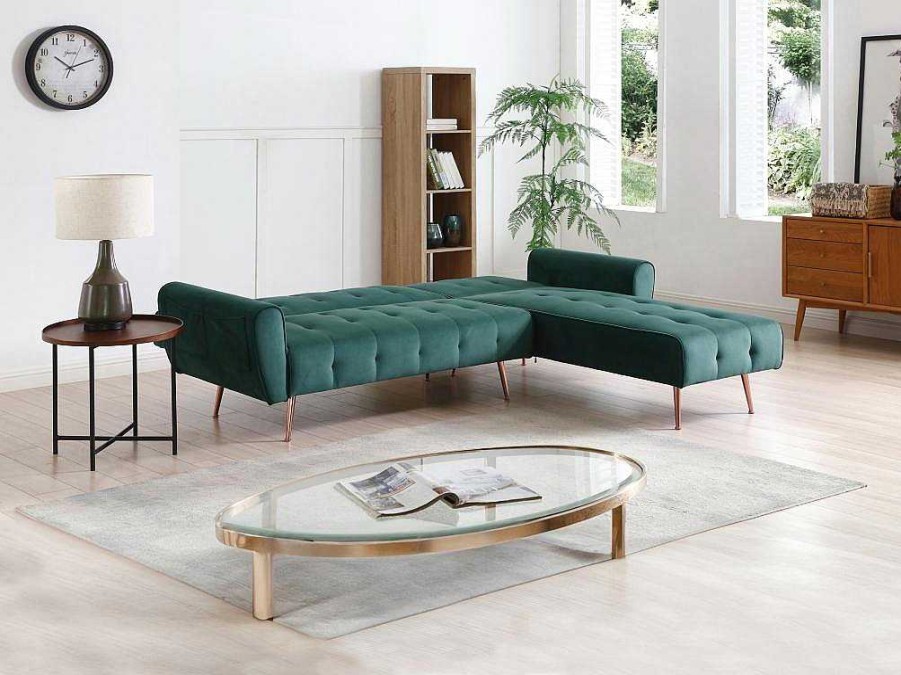 Sofa Cama Clic-Clac E Dobravel | Vente-unique Sofa De Canto Convertivel E Reversivel Em Veludo Verde Pinho - Polani