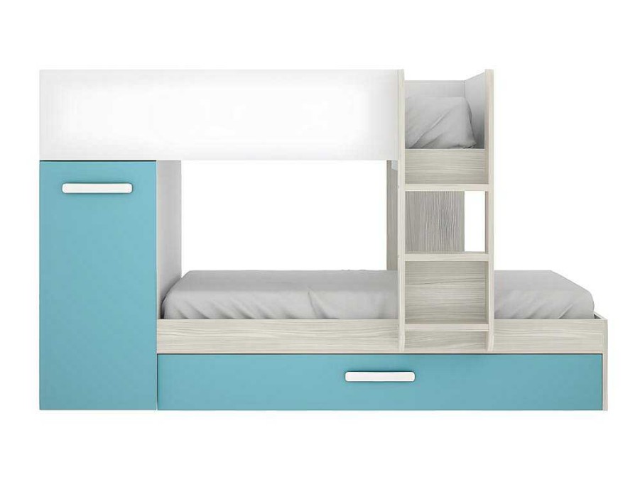 Beliche | Vente-unique Beliche Com Gaveta Cama Dupla E Com Espacos De Arrumacao 3X90X190 Cm Cor Branco, Natural E Azul + Colchoes - Anthony