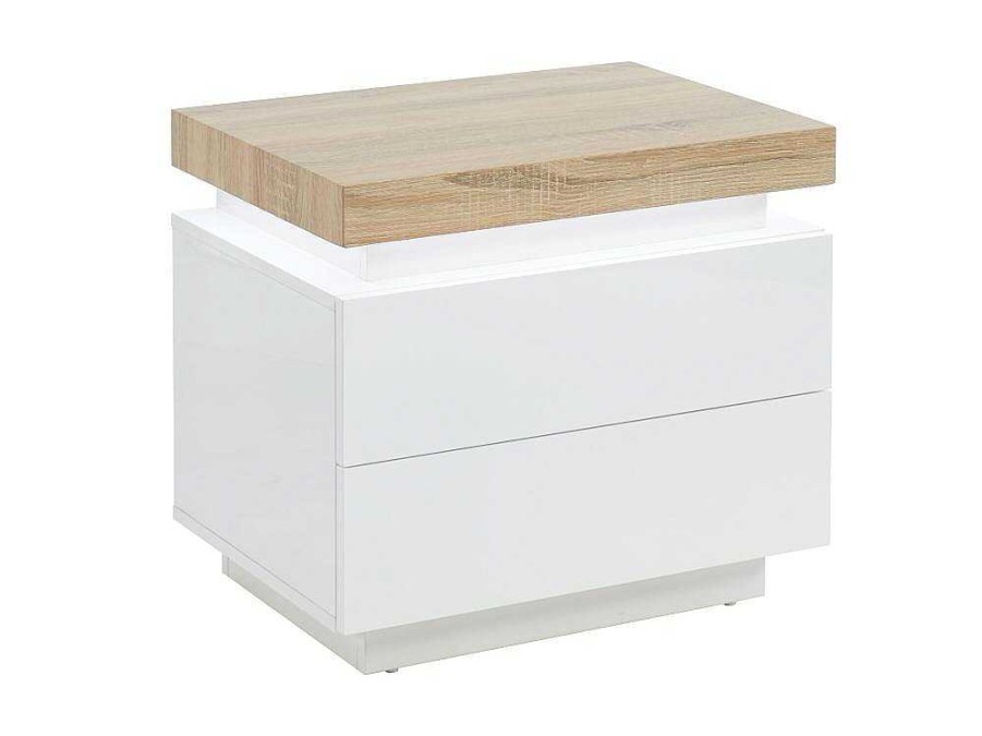 Mesa De Cabeceira | Vente-unique Conjunto De 2 Mesas De Cabeceira Com 2 Gavetas Mdf Lacado, Leds, Cor Branco E Carvalho - Halo Ii