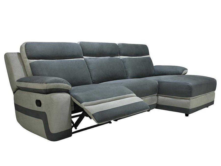 Sofa De Relaxamento Manual | Vente-unique Sofa De Canto Direito Articulado Microfibra Antracite E Faixas Cinzento-Claro - Talca