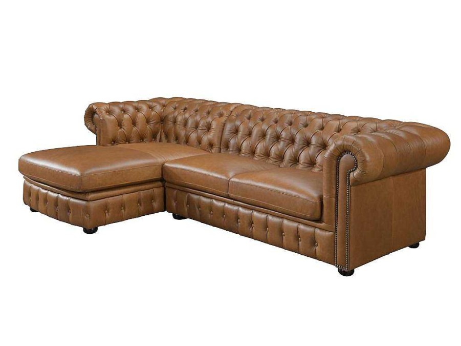 Sofa Em Pele | LINEA SOFA Sofa De Canto Esquerdo Chesterfield Brenton 100% Pele De Bufalo Superior Caramelo Vintage