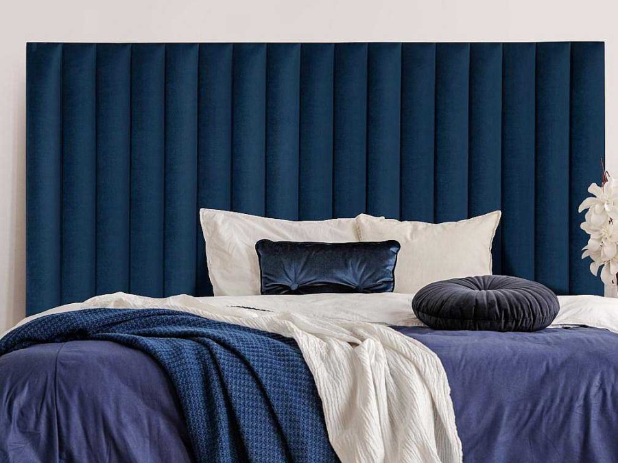 Cabeceira E Ponte De Cama | Vente-unique Cabeceira De Cama Com Costuras Verticais De 160 Cm Em Veludo Cor Azul-Escuro - Sarah