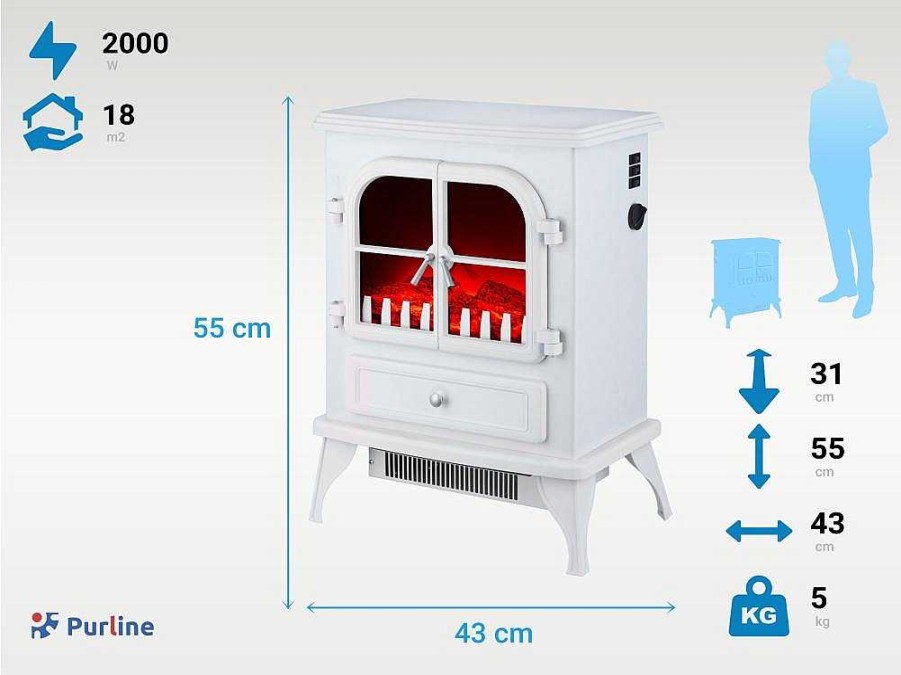 Lareira Eletrica | Purline Cheminee Electrique Au Sol 2000W Style Retro En Acier Laque Blanc