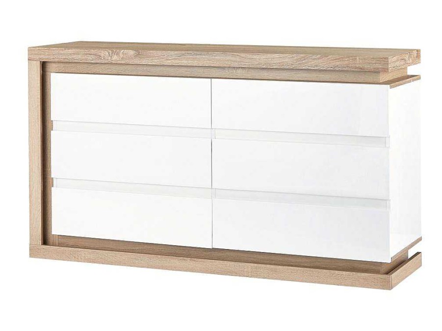 Comoda | Vente-unique Comoda 6 Gavetas Com Leds, Mdf Lacado A Branco E Natural - Flarancia