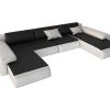 Sofa Panoramico | Vente-unique Grande Sofa Panoramico 7 Lugares Em Pele Sintetica Duas Cores: Branco E Preto Com Almofadas Cinzentas Escuras -Sicile