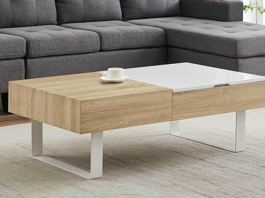 Mesa De Centro | Vente-unique Mesa De Centro Com Tampo Levadico E 1 Gaveta Mdf E Aco Natural E Branco - Balun