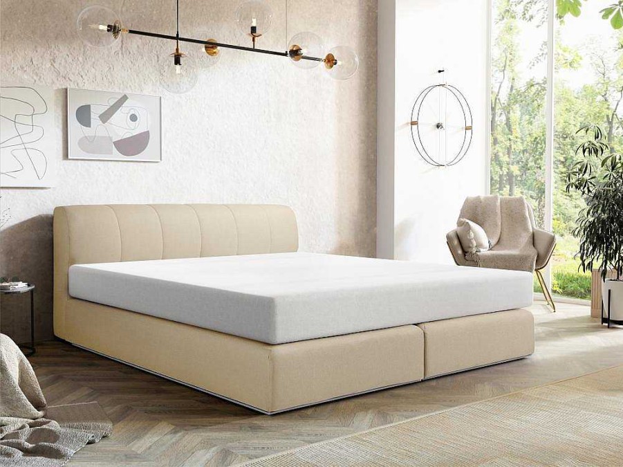 Cama Boxspring, Cama Continental | Ysmée Conjunto Completo Boxspring Cabeceira De Cama + Sommier Com Leds + Colchao 160X200 Cm Tecido Bege - Otaru De Ysmee