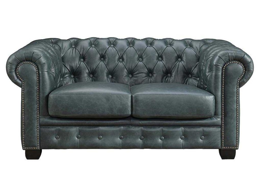 Sofa Em Pele | LINEA SOFA Sofa Chesterfield 2 Lugares Brenton 100% Pele De Bufalo Superior Cor Verde-Acinzentado