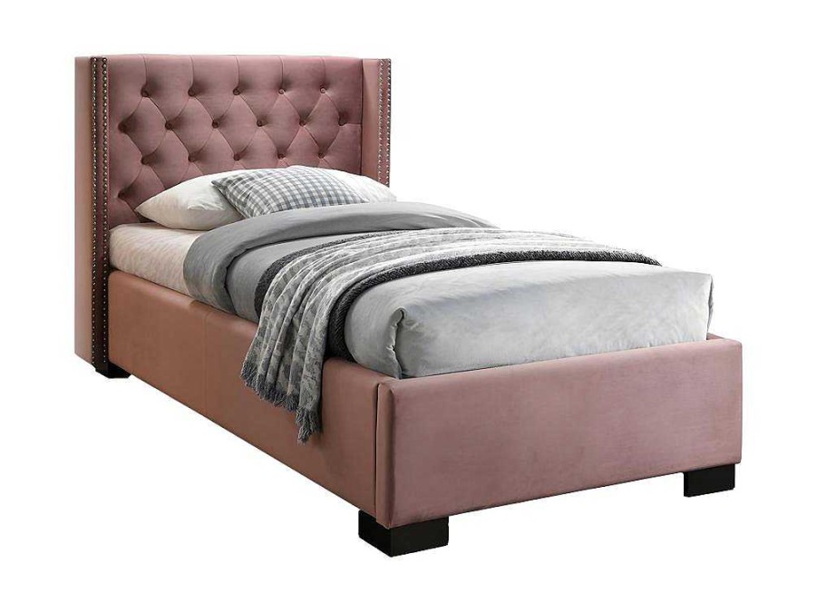 Cama Em Veludo | Vente-unique Cama Cabeceira Acolchoada De 90X200 Cm Em Veludo Cor-De-Rosa - Massimo