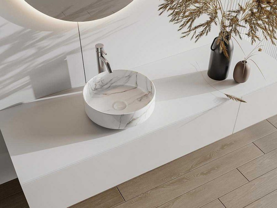 Lavatorio | Shower & Design Lavatorio De Pousar Redondo Branco Efeito Marmore Ceramica 36 Cm - Viamarba