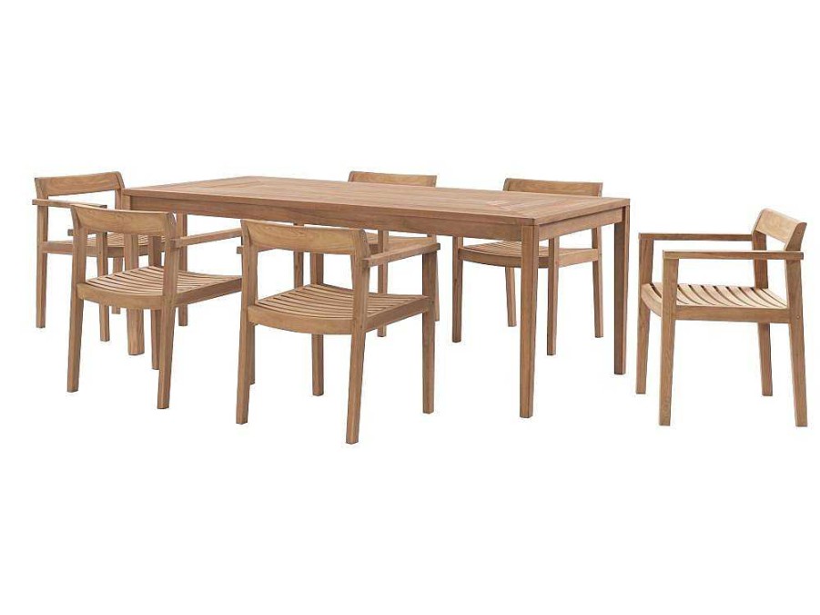 Conjunto Mesa E Cadeiras De Jardim | MYLIA Conjunto De Jantar De Jardim Em Teca, 1 Mesa C. 200 Cm + 6 Cadeiroes, Natural Claro - Allende