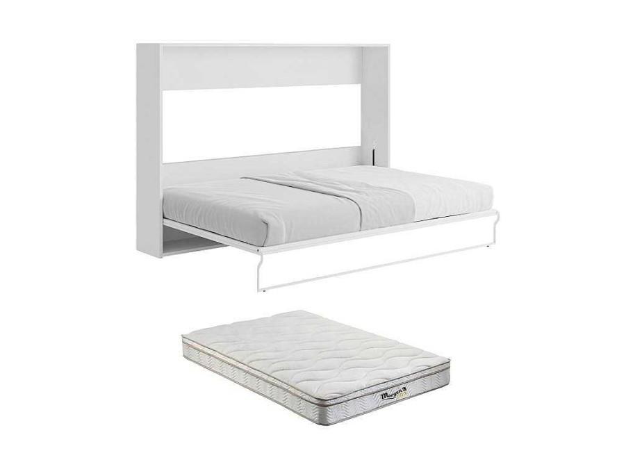 Cama Rebativel | Vente-unique Cama Rebativel 140 X 200 Cm, Abertura Manual Horizontal, Branco E Cinza + Colchao - Malina Ii